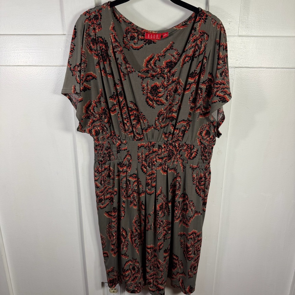 ELLE Women Gray Red Floral Print Elastic Waist Midi Dress Size XL‎